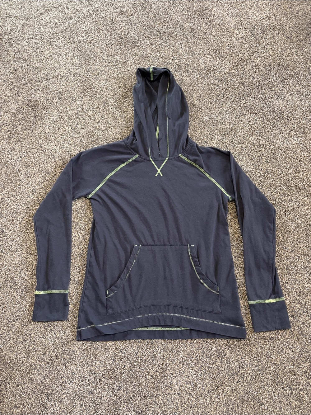 Old Navy Dark Gray Hooded Long Sleeve Tee with Lime Stitching Size Large 10-12